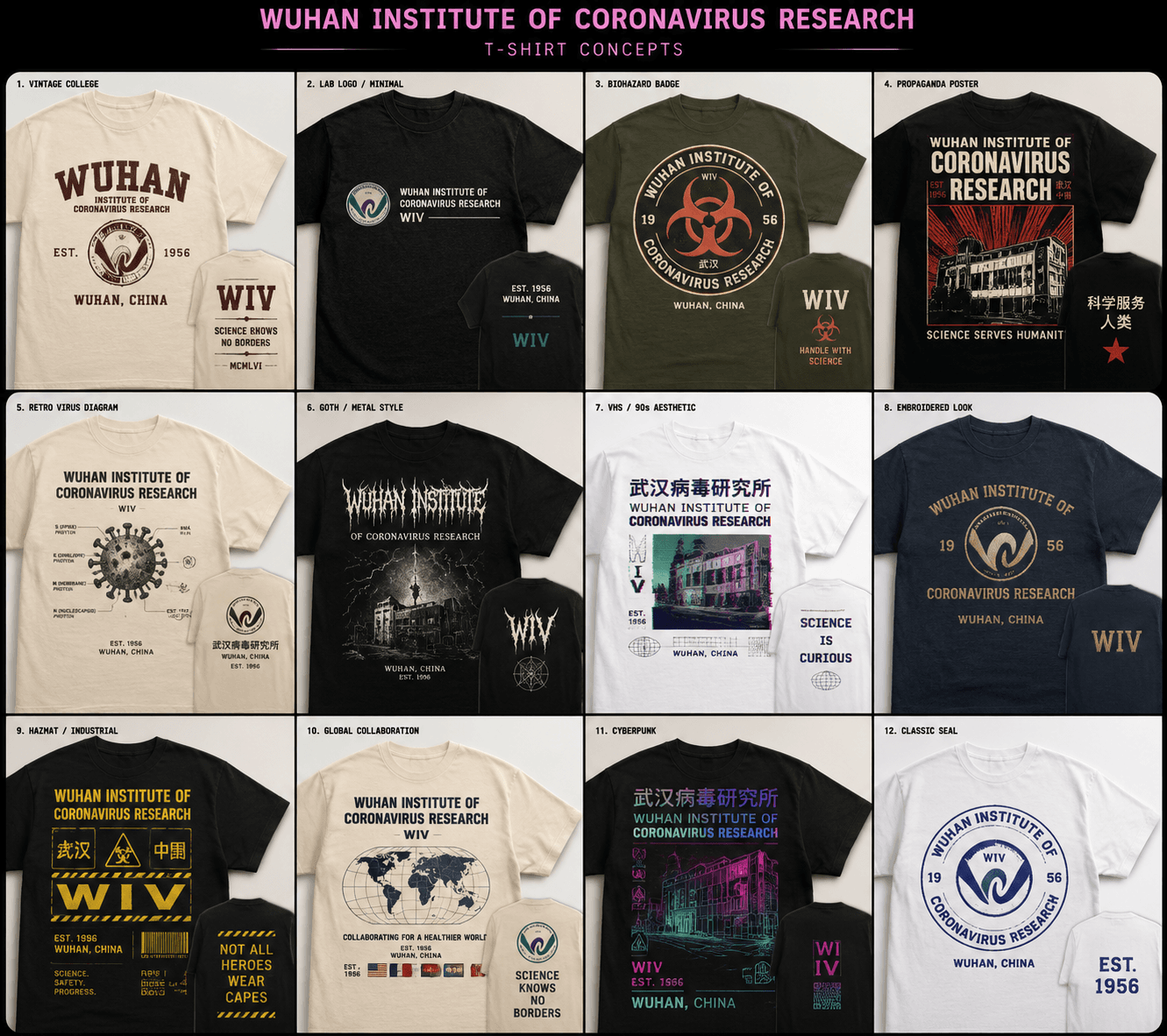 User-supplied concept board showing twelve From Wuhan With Love apparel directions.