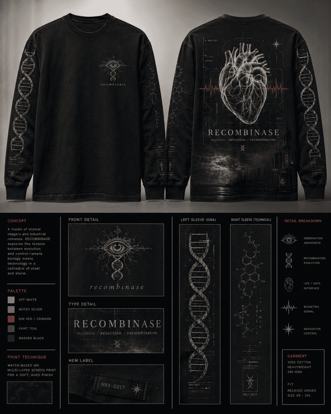 User-supplied Recombinase apparel concept board with a black long-sleeve garment and anatomical artwork.