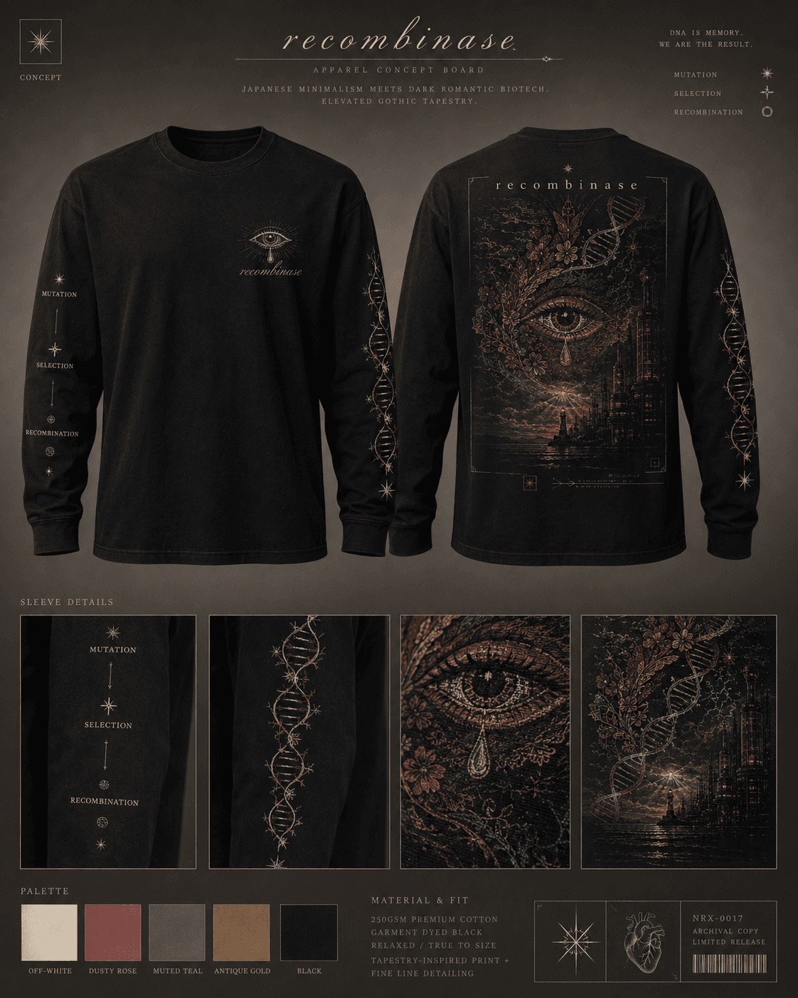 User-supplied Recombinase apparel concept board showing an eye, DNA, botanical forms, and an industrial landscape.
