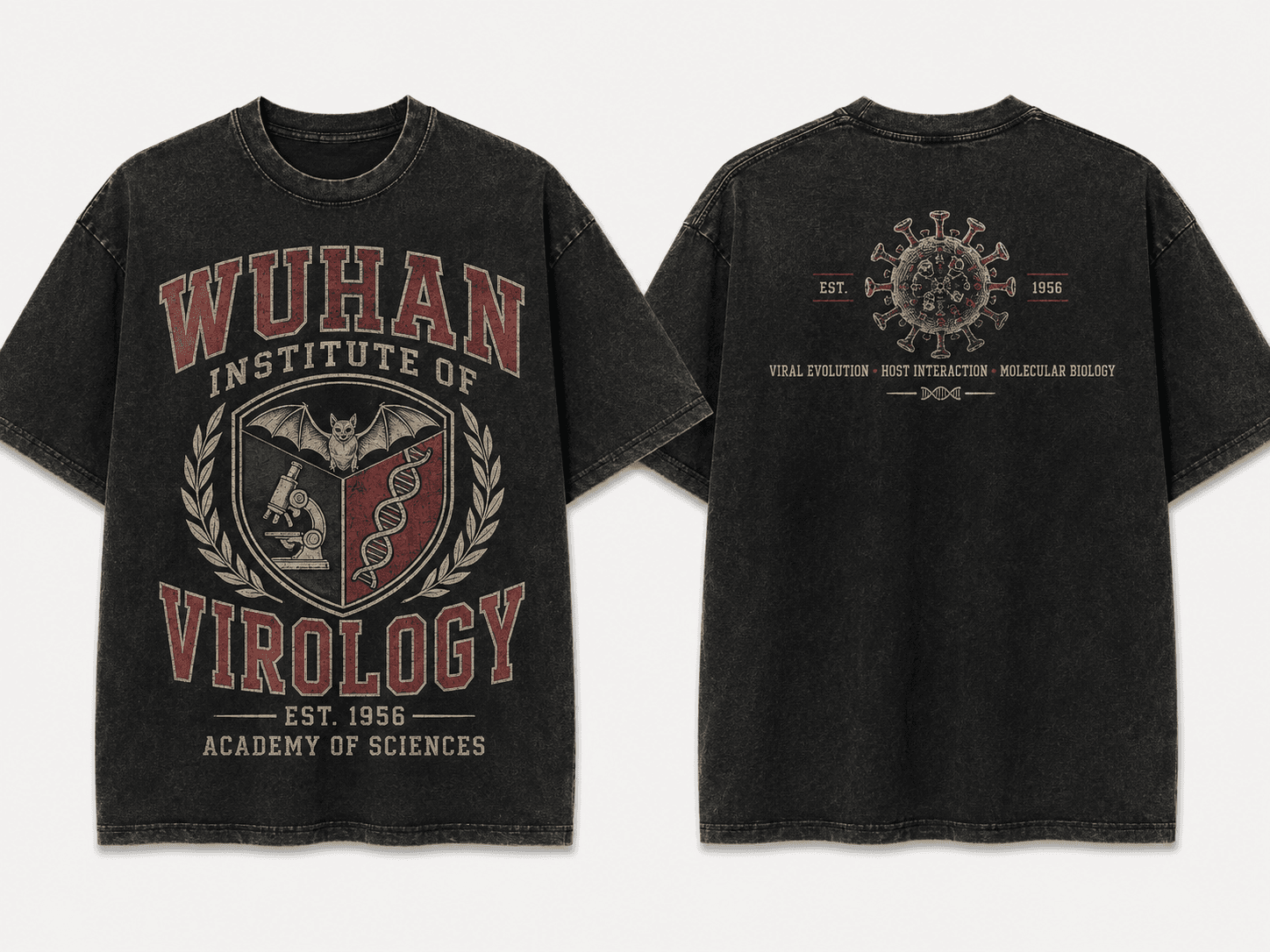 Creator-approved presentation mockup showing front and back views of the Virology Academy washed-black T-shirt.