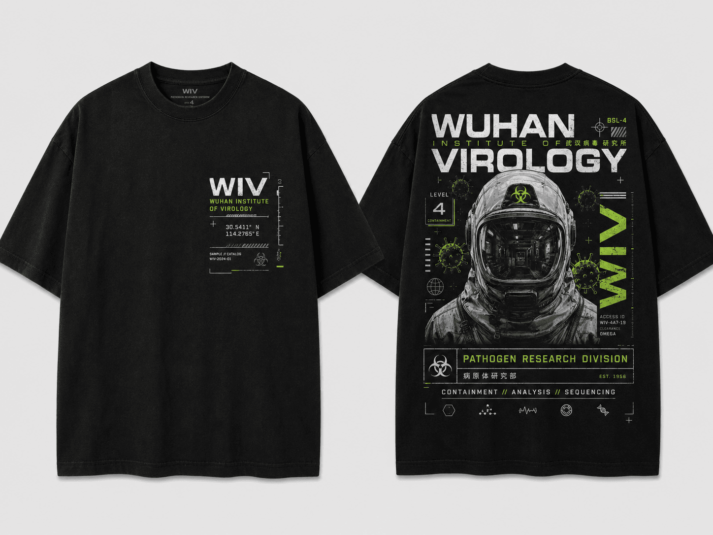 Creator-approved presentation mockup showing front and back views of the BSL-4 Division black T-shirt.