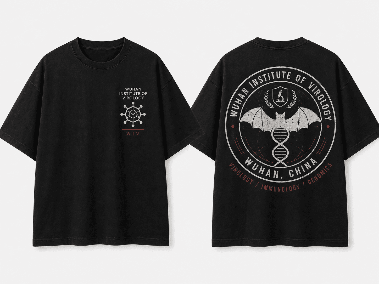 Creator-approved presentation mockup showing front and back views of the Institute Seal black T-shirt.