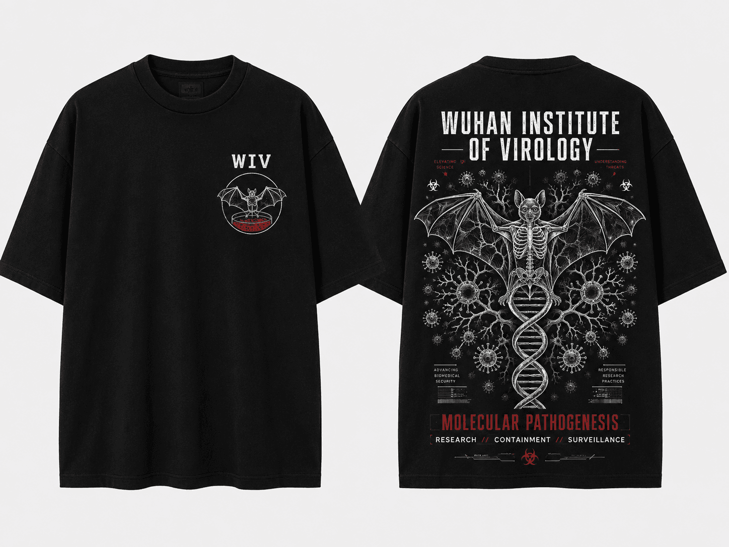 User-supplied concept mockup showing front and back views of the WIV Molecular Pathogenesis black T-shirt.